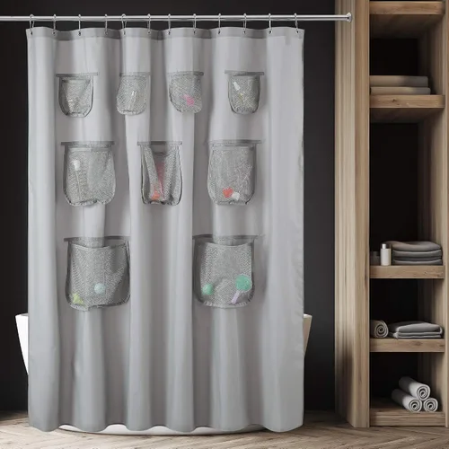 Miniatura 7 de Mrs Awesome Cortina de Ducha de Tela Gris o Forro con 9 Bolsillos de Malla, 72 x 72 pulgadas, Impermeable, Lavable y con Ojales Resistentes al