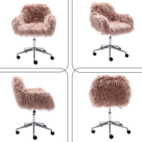 Miniatura 4 de Silla de escritorio de piel sintética rosa, lindo asiento acolchado tapizado, decoración de tocador, silla de oficina giratoria de altura ajustable