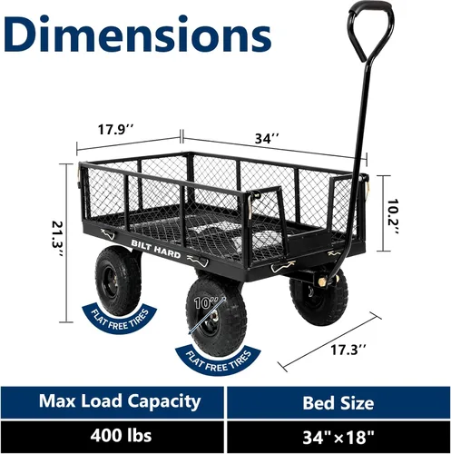 Miniatura 5 de BILT HARD - Carretilla de jardín resistente con ruedas planas libres de 10" y lados extraíbles, con asa giratoria de 180°, 4 pies cúbicos, capacidad