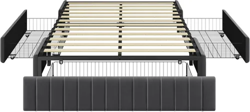 Miniatura 3 de Topeakmart Base de cama tapizada de tamaño matrimonial con 3 cajones, plataforma de almacenamiento con soporte de listones de madera, base