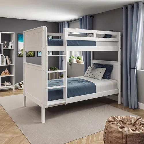 Miniatura 15 de Camaflexi Panel estilo litera de madera maciza, Twin-Over-Twin, escalera lateral adjunta, capuchino