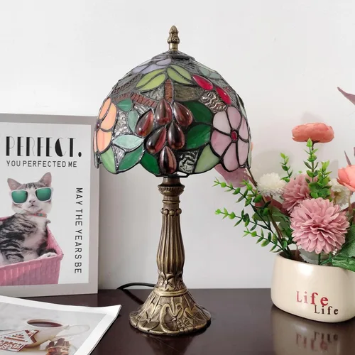 Miniatura 3 de Lámpara de Mesa Tiffany de 3 Vías Estilo Tiffany Lámpara de Escritorio Pequeña Lámpara de Vidrio Emplomado Luz Antigua Lámpara de Mesita de Noche