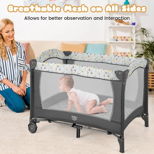 Miniatura 3 de BABY JOY 3 en 1 Pack and Play, Corralito Portátil para Bebé con Moisés, Mesa Cambiadora, Ruedas con Seguro, Caja de Música Luminosa, Cuna de Viaje