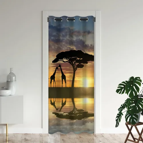 Cortinas de puerta de África para puertas, anochecer paisajes naturales, árboles, temporadas, horizonte, jirafas, cortina opaca para armario de