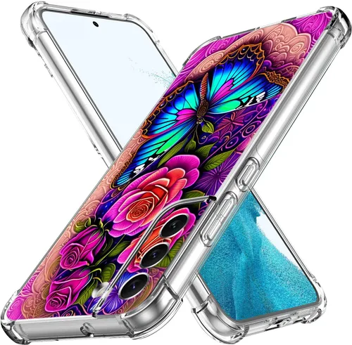 Miniatura 2 de Funda para Galaxy S22, Protección Azul con Flores de Mariposa y Rosas, Funda Anti-Choque y Anti-Arañazos de TPU de Cuerpo Completo para Samsung