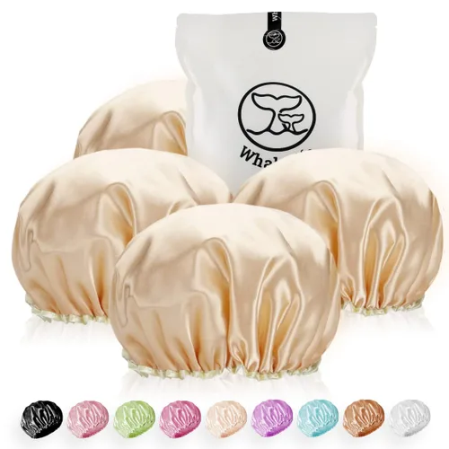 Miniatura 9 de Gorro de ducha para mujer, reutilizables, extra grandes, para hombres, de satén, de doble capa, EVA, impermeable, gorro de pelo largo