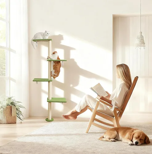 Miniatura 5 de Postes altos de rascado para gatos, árbol de gatos de 4 niveles, torre para gatitos montada en la pared, pared de escalada con alfombra para gatos