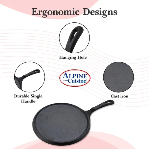 Miniatura 3 de Alpine Cuisine Plancha plana y comal de hierro fundido de 10 pulgadas Presazonada con mango duradero Utensilios de cocina de calefacción