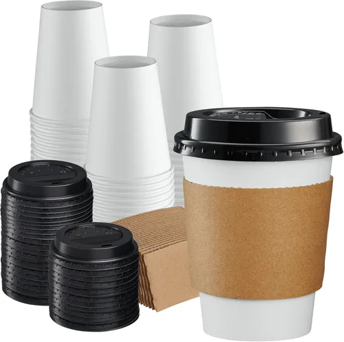 GUSTO [12 onzas – 100 juegos de tazas de café desechables con tapas y mangas – Vasos calientes de papel para llevar para viajes y uso en la oficina