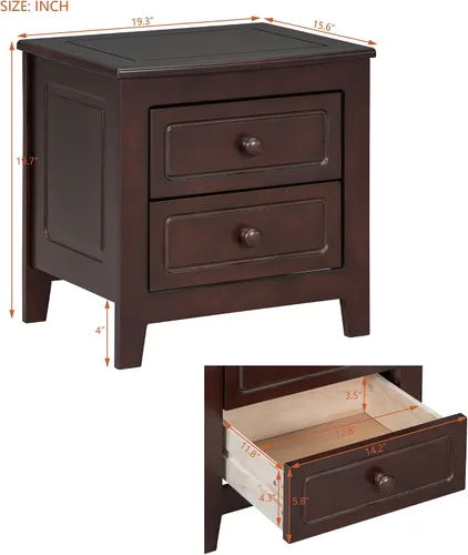 Miniatura 2 de Polibi Mesita de noche retro con 2 cajones de almacenamiento, mesa auxiliar clásica de madera maciza para dormitorio, sala de estar, oficina, nogal