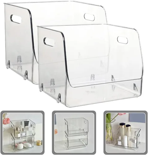 Miniatura 8 de Zerodeko Caja de 2 piezas de estante transparente, organizador de maquillaje transparente, organizador de acrílico para escritorio, vitrina