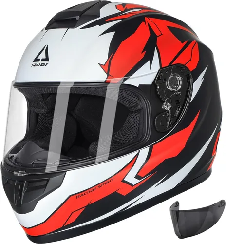 TRIANGLE Cascos de motocicleta de cara completa para hombres y mujeres con visera tintada y transparente, cumple con la aprobación DOT (Rojo mate, M)
