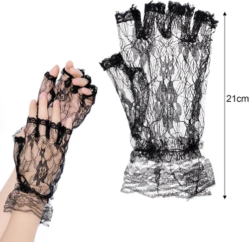 Miniatura 3 de choyaxo Velo de novia de encaje negro, velo de novia de encaje floral, velo de Halloween con peine y guantes cortos de encaje negro para mujeres