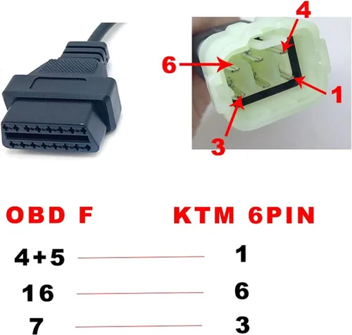 Miniatura 5 de cable adaptador de 6 pines a 16 pines, diagnóstico de fallas del motor OBD2 y detector, se ajusta para programación de ECU de motocicletas KTM