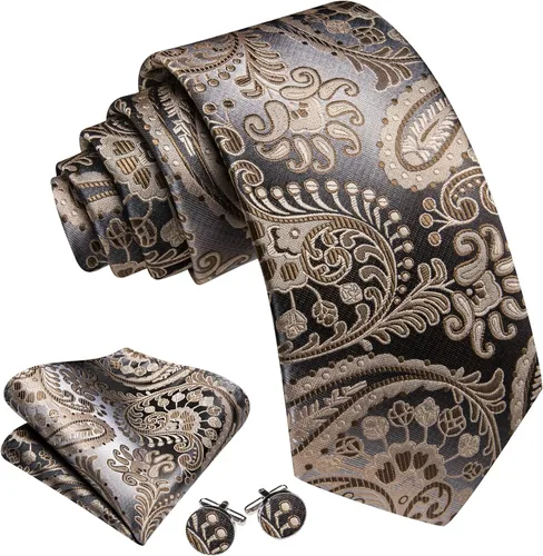Miniatura 156 de Barry.Wang - Juego de corbata de seda para hombre, diseño de cachemira, pañuelo y gemelos de bolsillo