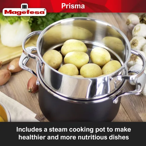Miniatura 4 de MAGEFESA Prisma - Juego de utensilios de cocina de acero inoxidable de 8 piezas, ollas y sartenes duraderas con interior antiadherente, exterior