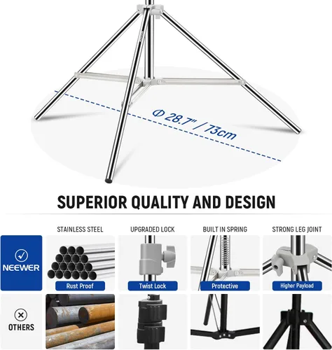 Miniatura 6 de NEEWER Soporte de Luz Mejorado de 75"/190cm de Acero Inoxidable con Resorte, Trípode de Fotografía Plegable con Juntas de Tubo Más Resistentes