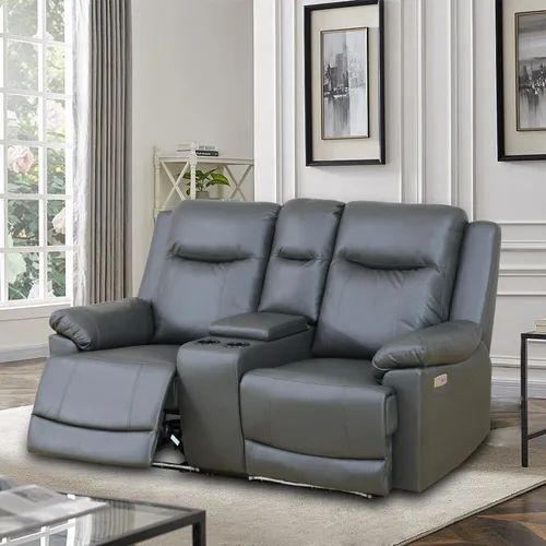 Miniatura 10 de Juego de sofá reclinable eléctrico, juego de sofá de cuero con puerto USB, sofá biplaza reclinable con consola de almacenamiento/portavasos