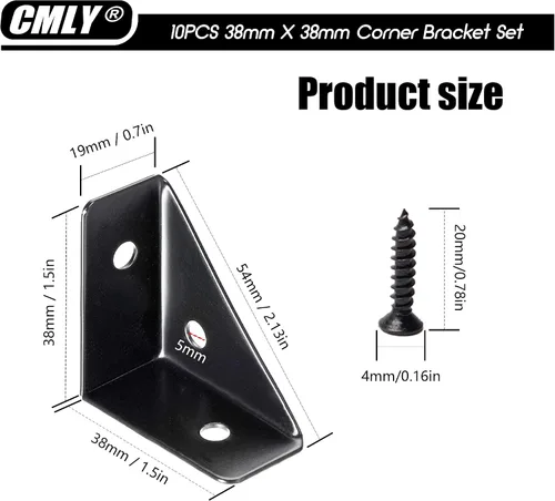 Miniatura 3 de CMLY Soportes de Esquina, 10Pcs 38mm x 38mm, Acero Negro, Soportes de Estante Triangular, Conectores de Esquina para Escritorio de Madera, Metal