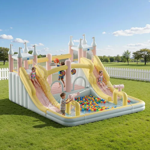 Miniatura 12 de Albott Casa inflable de rebote, tobogán acuático con zona de salto, pared de escalada y piscina de chapoteo, puente interior y exterior para niños