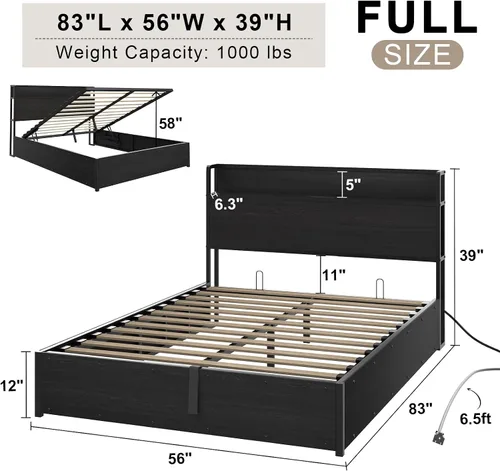 Miniatura 2 de AMERLIFE Marco de Cama de Almacenamiento Elevable Tamaño Completo, Marco de Cama de Plataforma de Madera con Almacenamiento Elevable y Estación