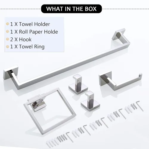 Miniatura 7 de Juego de accesorios de baño de cromo pulido para toallero, incluye toallero, soporte para toallas, soporte para papel higiénico, gancho para cromado