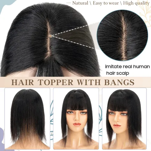 Miniatura 4 de S-noilite Toppers de cabello humano real con flequillo, postizo de clip con flecos, densidad del 130%, base de seda, 1.58 oz, 10 pulgadas, negro