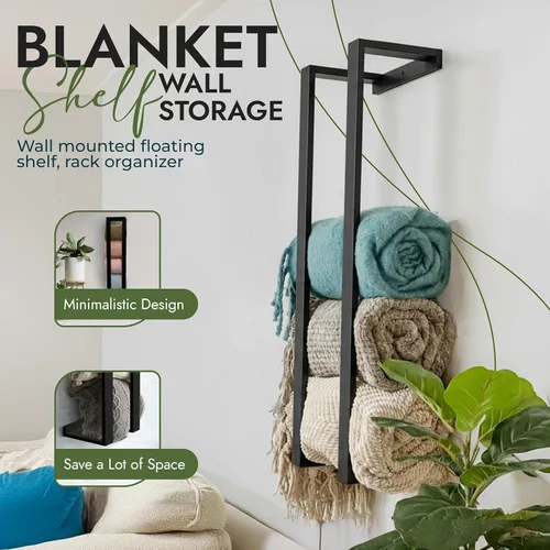 Miniatura 4 de Estante de pared para mantas: estante flotante para sala de estar y dormitorio, soporte rústico para mantas montado en la pared, organizador de ropa