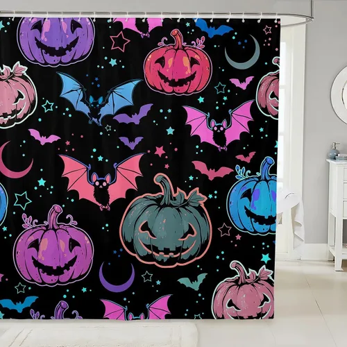 Miniatura 13 de Erosebridal Juego de cortinas de ducha góticas espeluznantes para bañeras, farol de calabaza, cortina de baño para niños, telarañas fantasmas, Multi