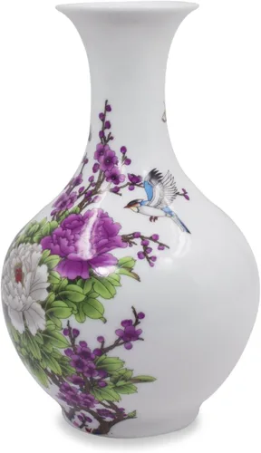 Miniatura 4 de Dahlia Famille - Florero de rosa, hecho a mano, porcelana china, pájaros en peonía, forma de botella china de 8.5 pulgadas