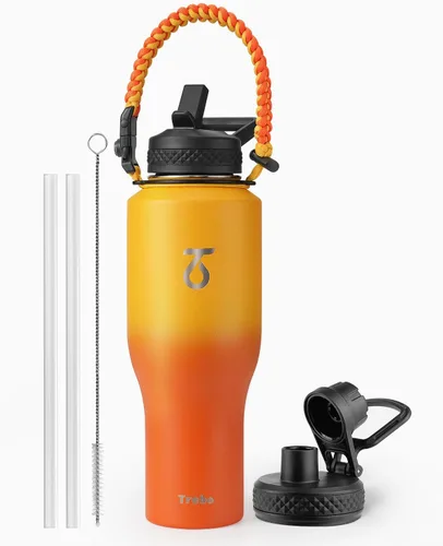Miniatura 12 de Trebo Botella de agua de 40 onzas con aislamiento que cabe en portavasos de automóvil con asa, botellas de agua de acero inoxidable vaso con tapas