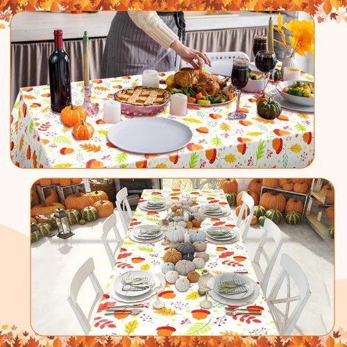 Miniatura 6 de Newwiee Paquete de 3 manteles de Acción de Gracias de 108 x 54 pulgadas, manteles de plástico desechables de otoño, mantel rectangular impermeable