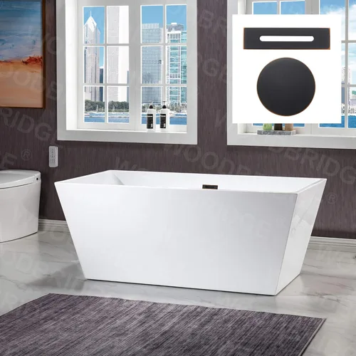 Miniatura 15 de WOODBRIDGE Bañera de acrílico independiente de 67 pulgadas, bañera negra de remojo contemporáneo con desbordamiento y drenaje negro mate, BTA1812-MB