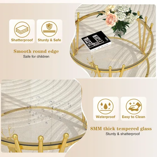 Miniatura 4 de Mesa de centro redonda de cristal dorado de 31.5 pulgadas para sala de estar, diseño moderno de corona de acero inoxidable, mesa de centro pequeña