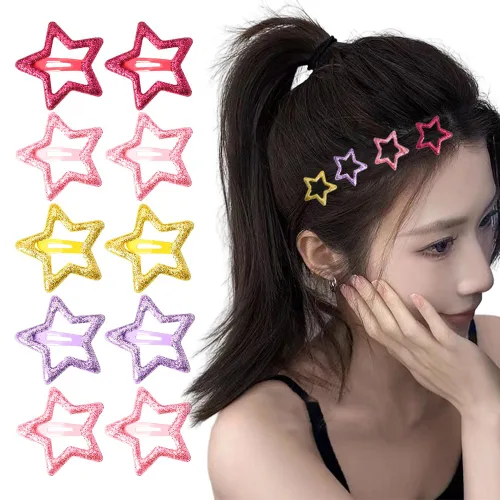 Pinzas para el cabello con forma de estrella con purpurina coloridas, de metal, dorado, rosa, rojo, morado, con forma de estrella, juego de 10