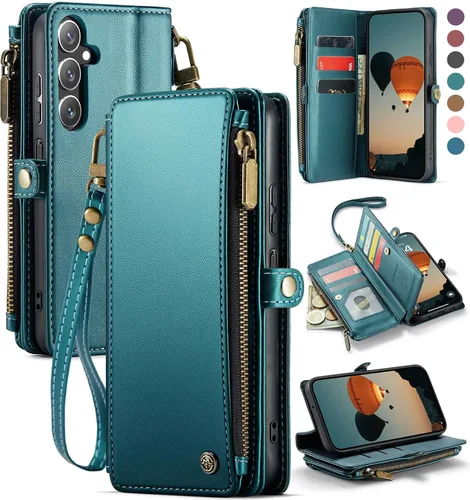 Miniatura 10 de Defencase Funda compatible con Galaxy A13 5G con tarjetero de bloqueo RFID para mujeres y hombres, correa magnética de piel sintética con cierre