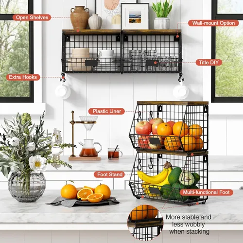Miniatura 6 de Goozii - 2 paquetes de cestas de frutas colgantes de pared para encimera de cocina, cestas de alambre apilables para organizar con tapa de madera