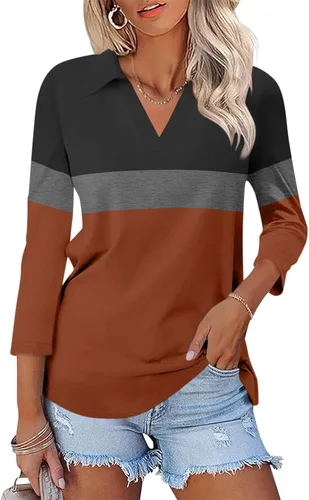 Miniatura 16 de TICTICMISS - Camisas polo de cuello en V para mujer, manga 3/4, con cuello, tops casuales de negocios, tops de verano a la moda, holgados