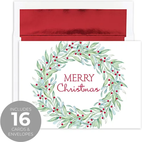 Miniatura 2 de Canopy Street Masterpiece Tarjetas Modernas de Corona de Navidad / Juego de 16 Tarjetas Navideñas en Caja con Detalles de Papel Dorado Rojo / Corona