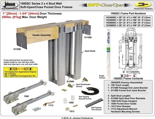 Miniatura 6 de Johnson Hardware 1500 Serie de cierre suave grado comercial Marco de puerta de bolsillo para pared de montantes de 2x4 (71 cm x 203 cm)