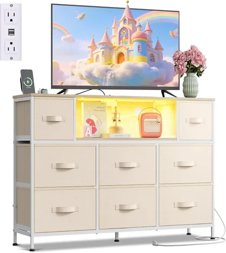 Miniatura 10 de WLIVE - Soporte de TV con cómoda en negro para TV de 45, 50, 55 pulgadas, centro de entretenimiento con luces LED y estación de carga, cómoda con 8