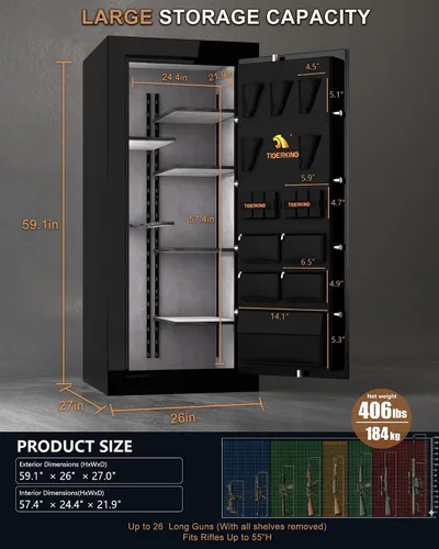 Miniatura 3 de TIGERKING Caja fuerte para armas para rifles y pistolas, protección contra incendios de 45 minutos y 1200 °F, 26 pistolas largas, gabinete