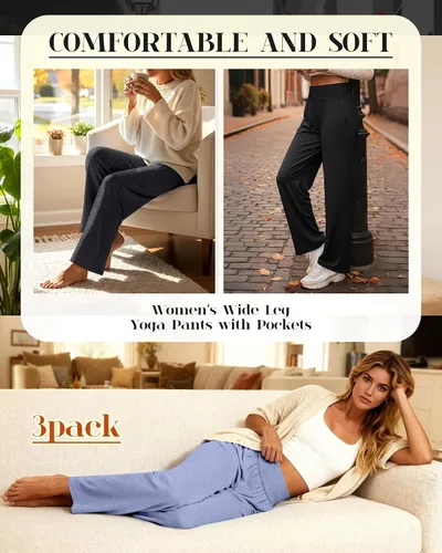 Miniatura 130 de Neer - Conjunto de 3 pantalones de yoga de pierna ancha para mujer - Pantalones deportivos cómodos, holgados, de cintura alta y casuales