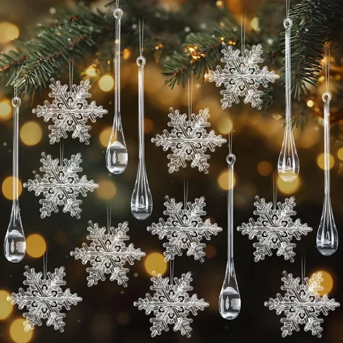 Bencailor - Juego de 18 adornos de carámbanos de copo de nieve de Navidad de acrílico para árbol, decoraciones colgantes de diamante de cristal,