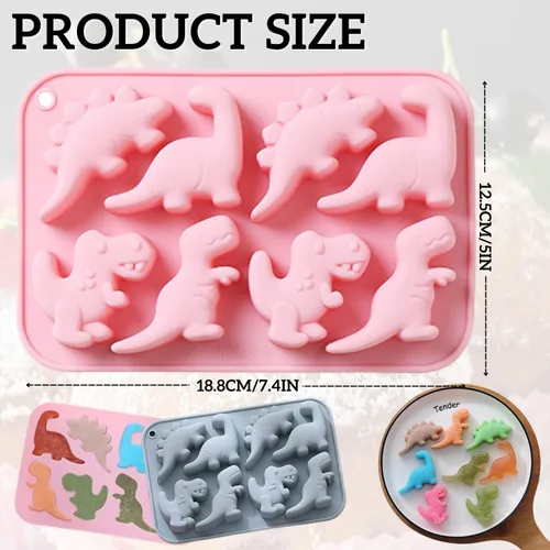 Miniatura 2 de Crethinkaty Moldes de silicona de grado alimenticio de dinosaurio, 8 cavidades de chocolate duro para caramelos de hielo, molde de silicona