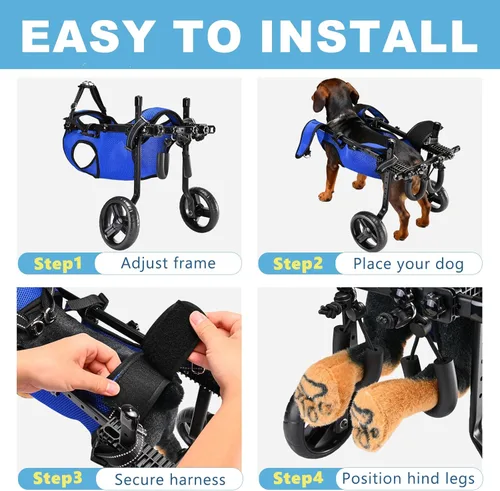 Miniatura 8 de Silla de ruedas para perros para patas traseras, altura/longitud/ancho ajustable, silla de ruedas resistente con ruedas que absorben los golpes, Azul