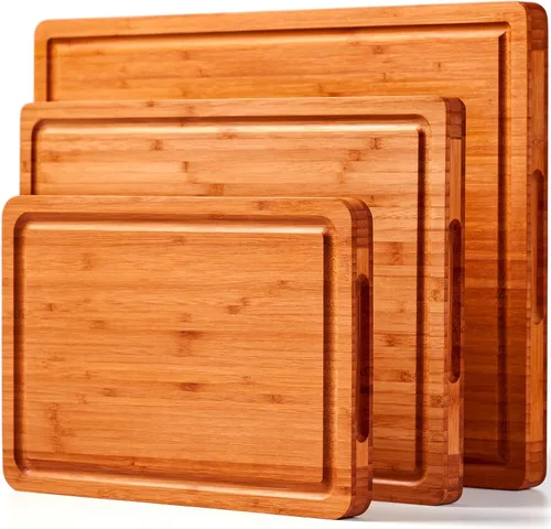 Miniatura 8 de Tablas de cortar de bambú de 24 x 18 pulgadas, bandeja para servir queso charcutería XXL con asas y ranuras para jugos, estructura sólida, delgada