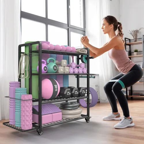 Miniatura 9 de 4-Tier Dumbbell Rack Stand Only, Adjustable Weight Rack for Dumbbells Kettlebells Yoga Mat, Home Gym Storage Rack with Wheels and Hooks, Powder