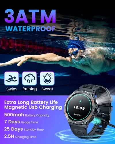 Miniatura 5 de Reloj inteligente para hombres Android Fitness Tracker: 1.53 "Militar Reloj inteligente con linterna brújula hacer respuesta Bluetooth Llamada Negro