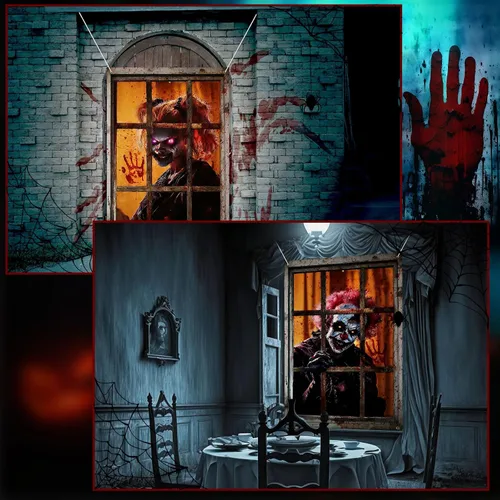 Miniatura 3 de SmoothNovelty 4 Pack Halloween Window Decorations Halloween Clown Curtain Scary Window Silhouettes Cover, Horror Clown with Blood for Garage Door